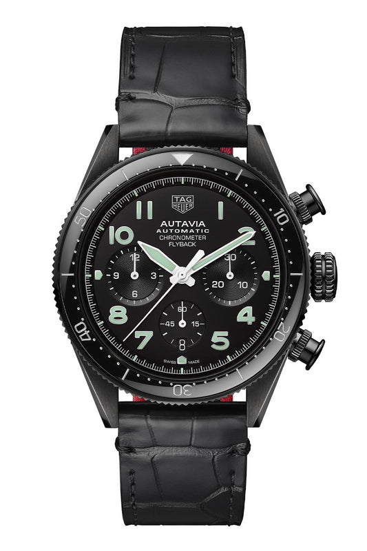 Tag Heuer Autavia Chronometer Flyback Chronograph Black Dial Black Leather Strap Watch for Men - CBE511C.FC8280