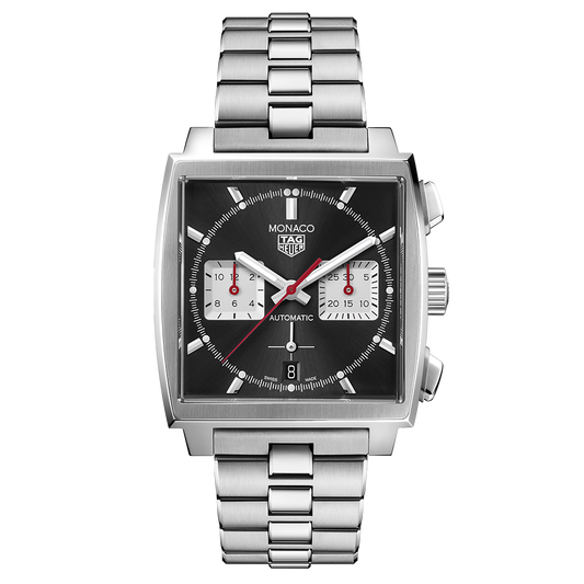 Tag Heuer Monaco Automatic Chronograph Black Dial Silver Steel Strap Watch for Men - CBL2113.BA0644