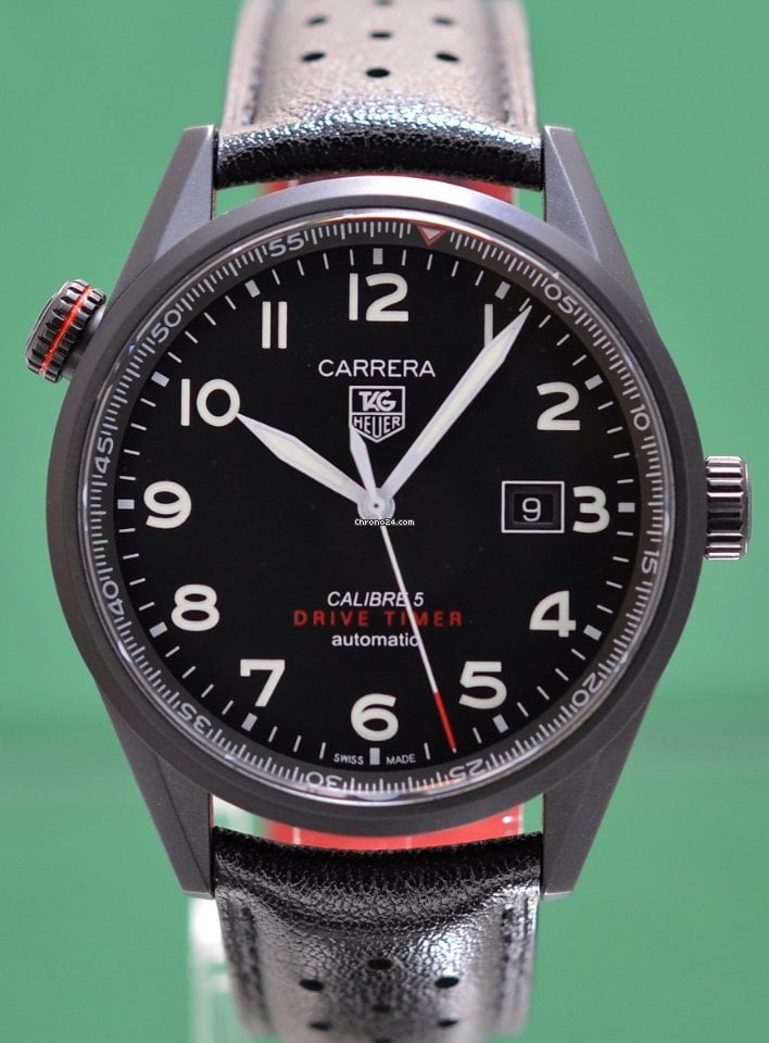 Tag Heuer Carrera Calibre 5 Drive Timer Black Dial Black Leather Strap Watch for Men - WAR2A80.FC6337