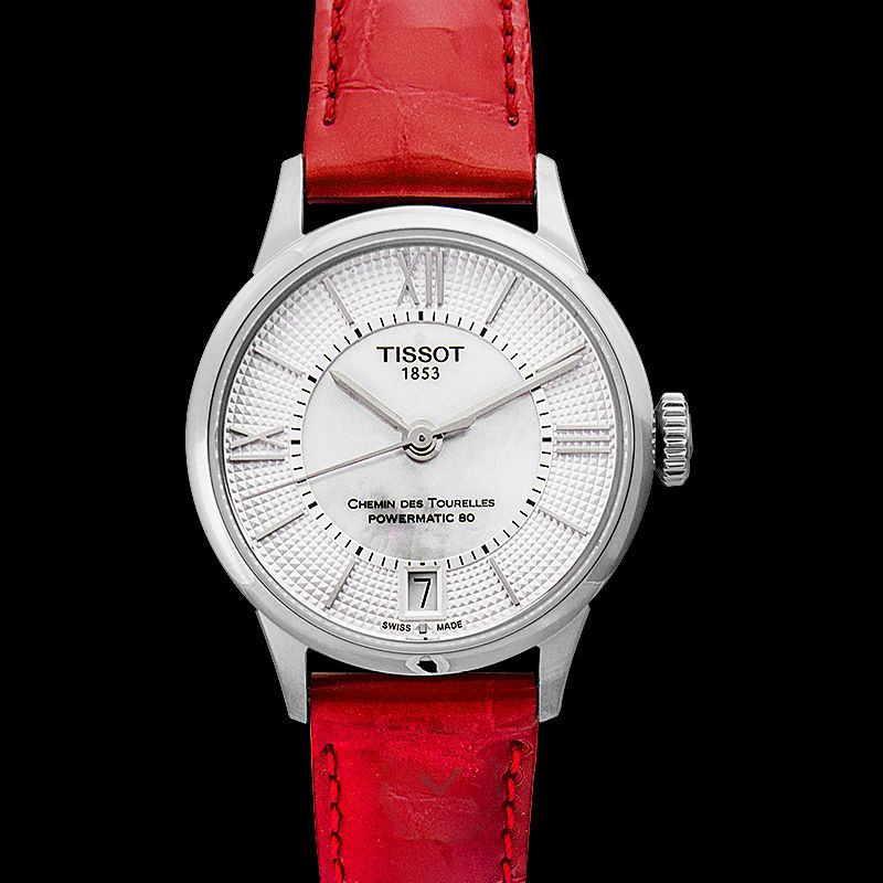 Tissot Chemin Des Tourelles Powermatic 80 Mother of Pearl Dial Red Leather Strap Watch For Women - T099.207.16.118.00