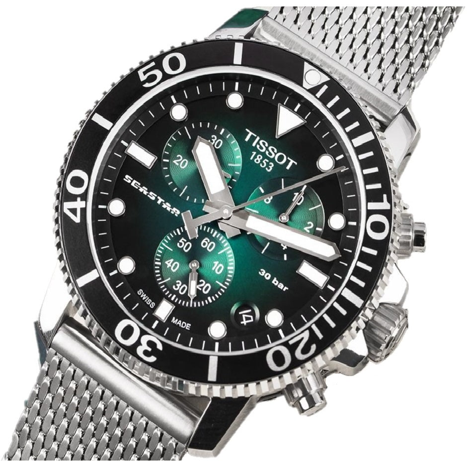 Tissot Seaster 1000 Chronograph Green Dial Silver Mesh Bracelet Watch For Men - T120.417.11.091.00