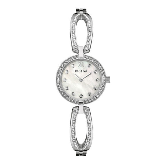 Bulova Crystal Collection Mother of Pearl Dial Silver Steel Strap Watch for Women - 96L223