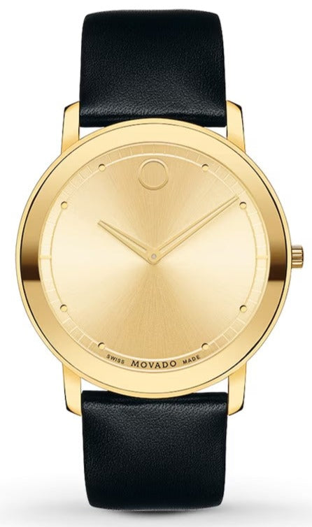 Movado Sapphire Gold Dial Black Leather Strap Watch For Men - 606883