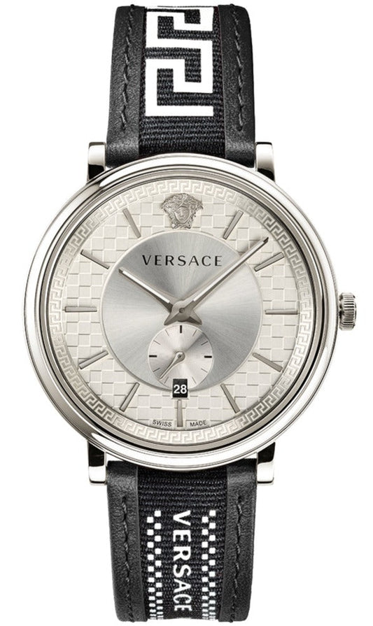 Versace V-Circle Silver Dial Black Leather Strap Watch for Men - VEBQ01219