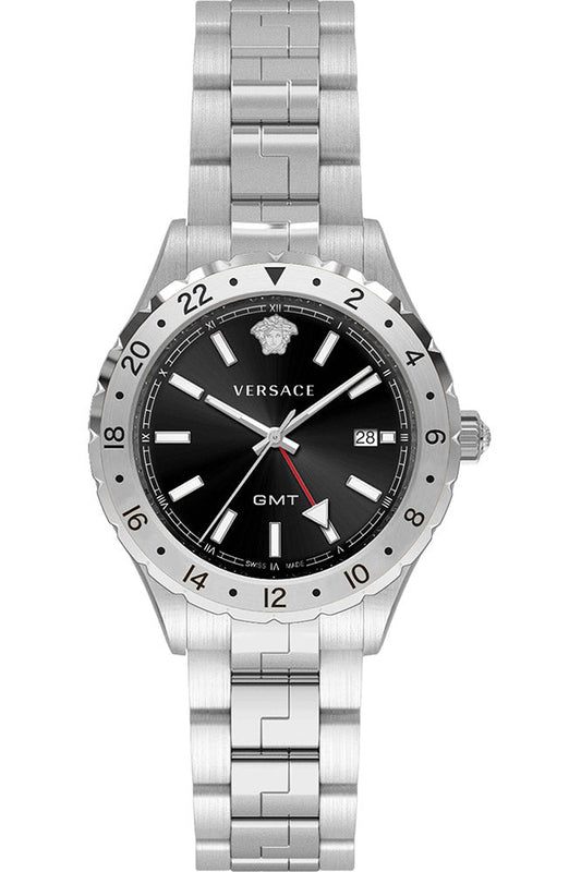 Versace Hellenyium GMT Black Dial Silver Steel Strap Watch for Men - V11020015