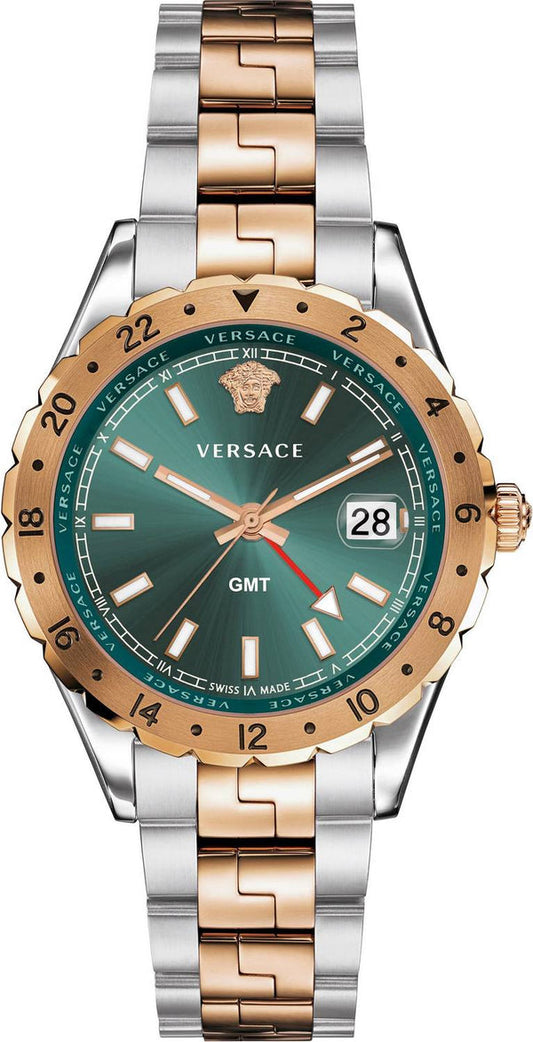 Versace Hellenyium GMT Green Dial Two Tone Steel Strap Watch for Men - V11050015