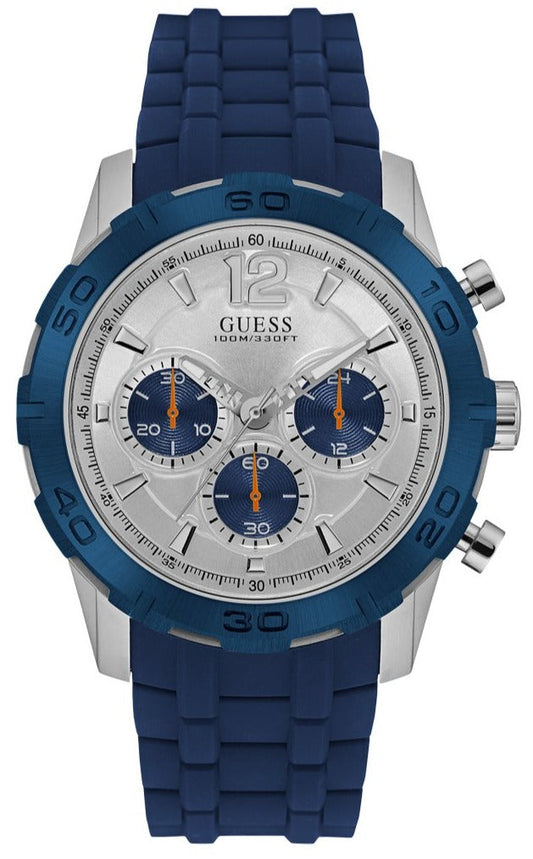 Guess Caliber Chronograph White Dial Blue Rubber Strap Watch for Men - W0864G6