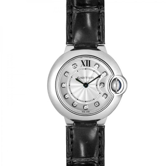 Cartier Ballon Bleu de Cartier Diamonds Silver Dial Black Leather Strap Watch for Women - W4BB0008