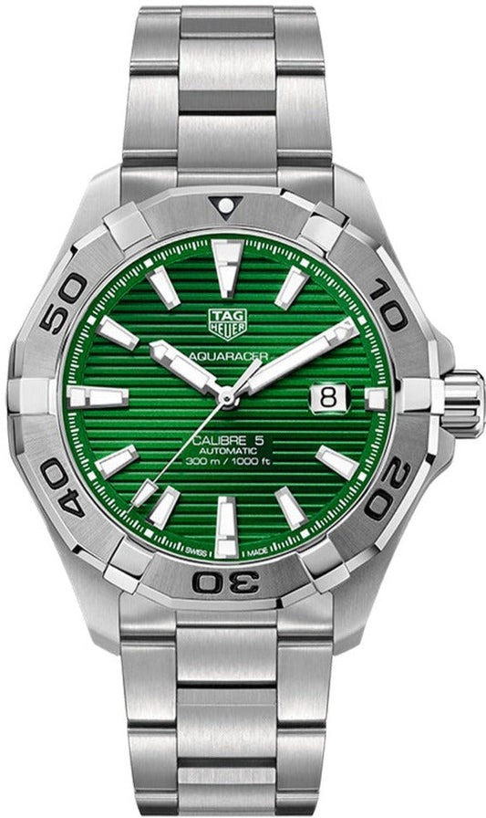 Tag Heuer Aquaracer Calibre 5 Automatic Green Dial Silver Steel Strap Watch for Men - WAY2015.BA0927