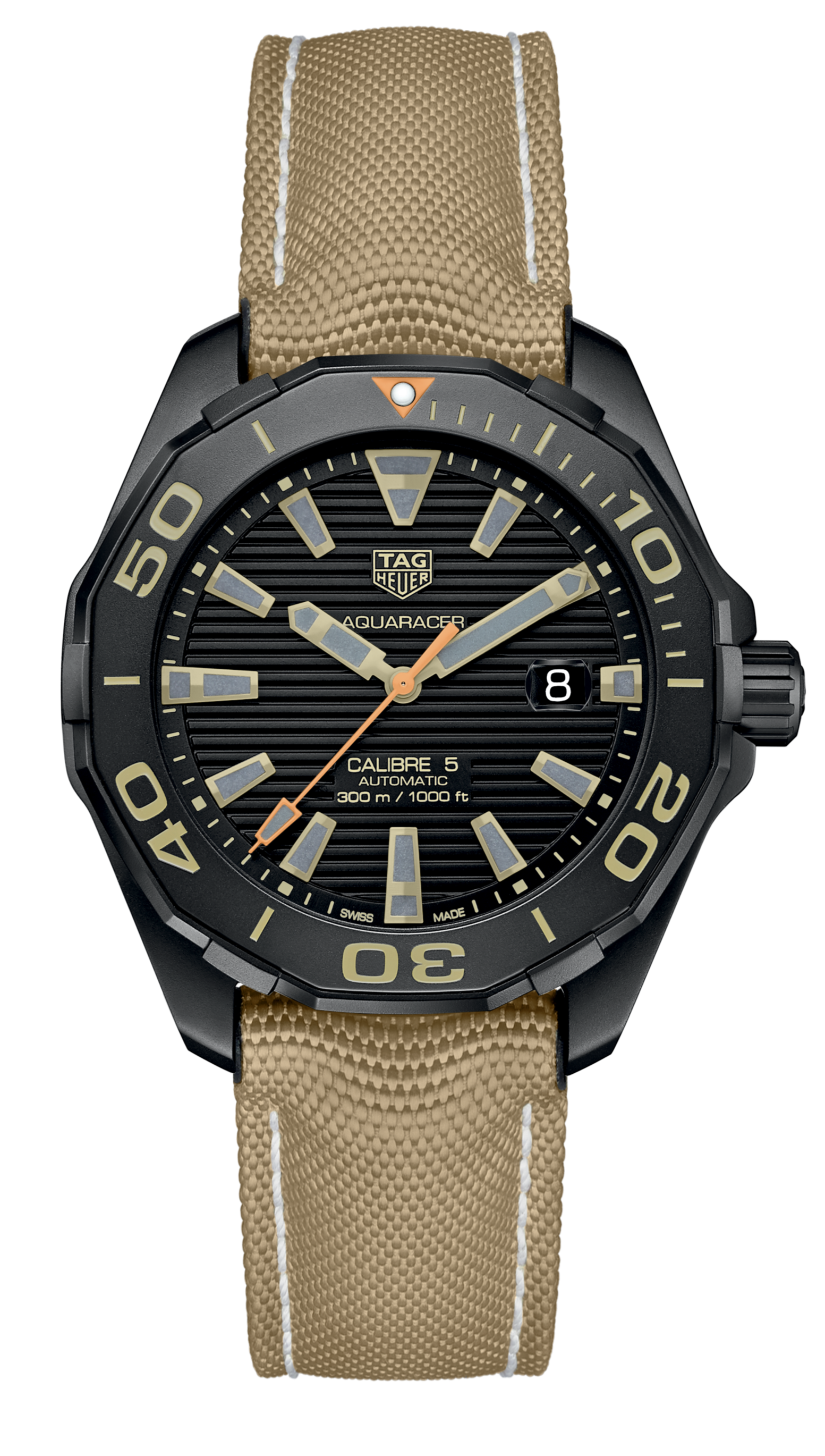 Tag Heuer Aquaracer 300 Calibre 5 43mm Automatic Black Dial Brown Fabric Strap Watch for Men - WAY208C.FC6383