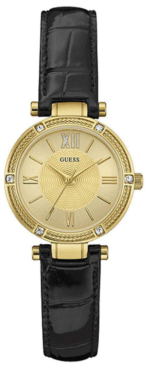 Guess Park Avenue Quartz Gold Dial Black Leather Strap Watch For Women - W0838L1