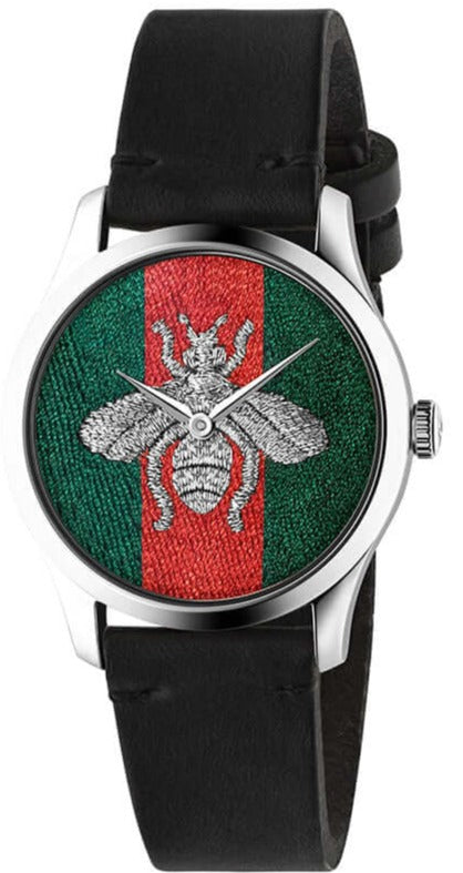 Gucci G Timeless Quartz Green & Red Dial Black Leather Strap Watch For Men - YA1264149