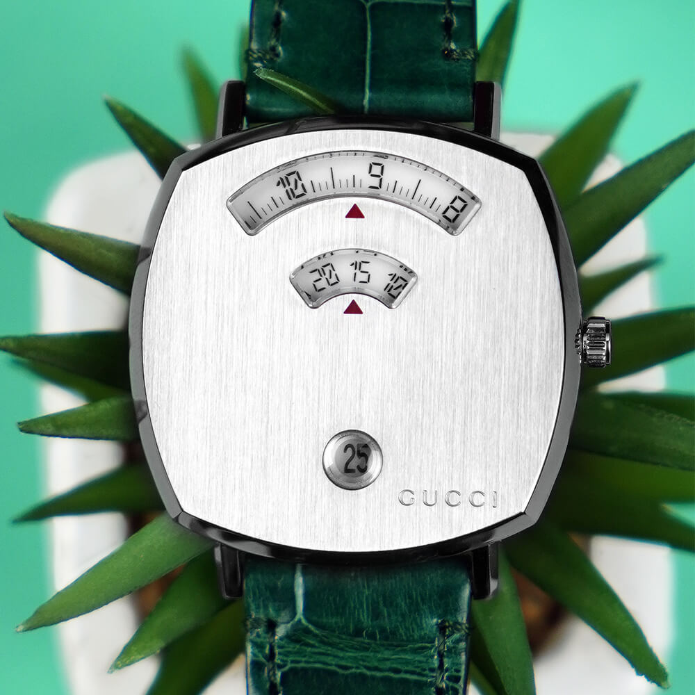 Gucci Grip Quartz Silver Dial Green Leather Strap Watch For Women - YA157404