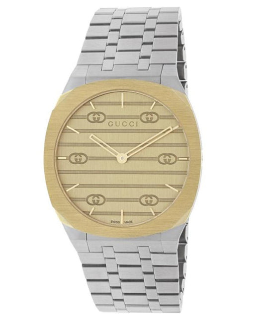 Gucci 25H Quartz Gold Dial Silver Steel Strap Unisex Watch - YA163403