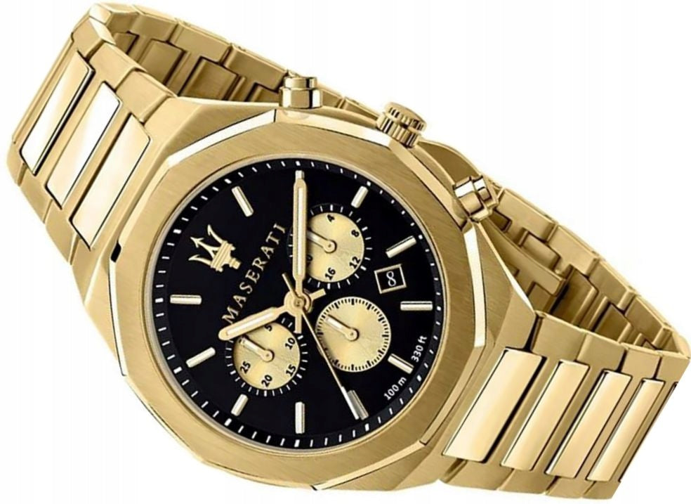 Maserati Stile 45mm Chronograph Black Dial Gold Stainless Steel Strap Watch For Men - R8873642001