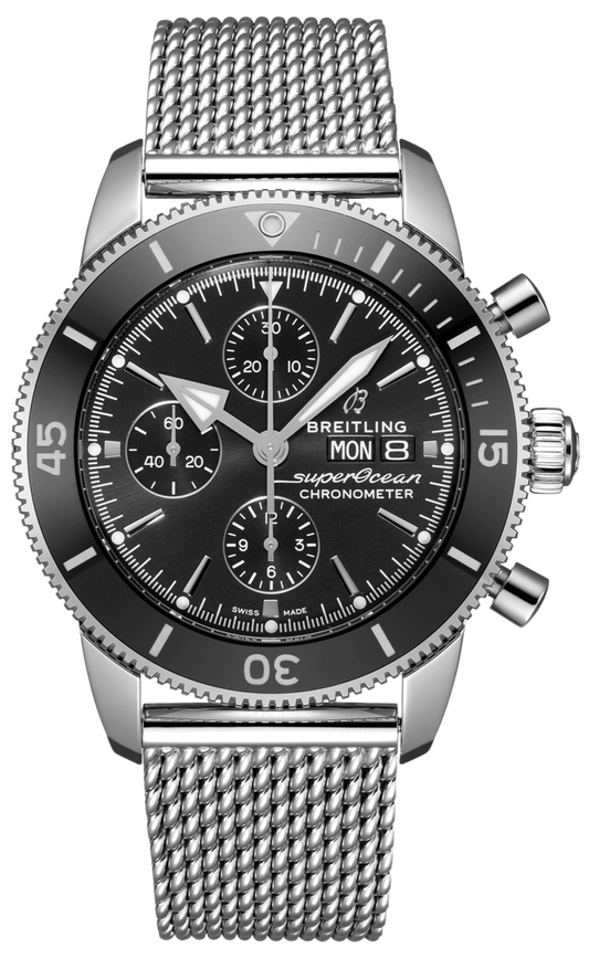 Breitling Superocean Heritage Chronograph 44 Black Dial Silver Mesh Bracelet Watch for Men - A13313121B1A1