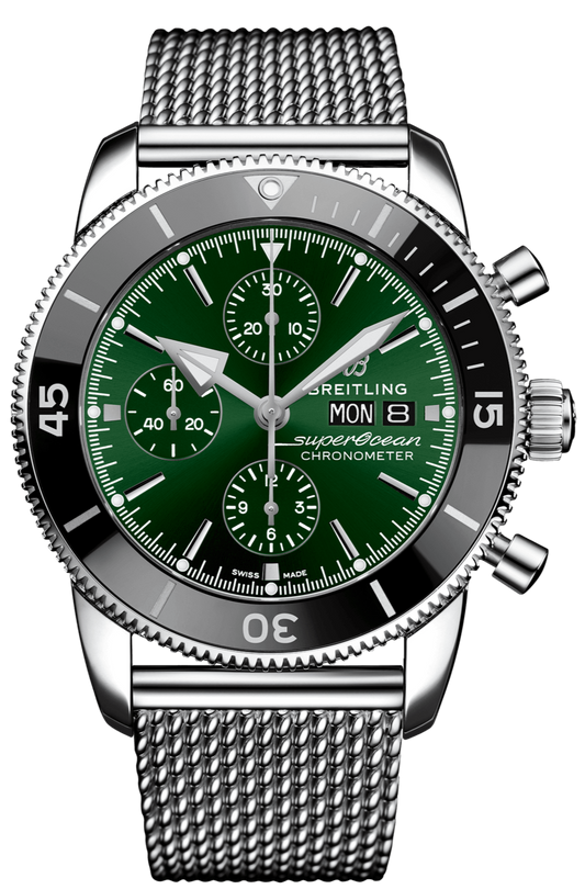 Breitling Superocean Heritage Chronograph 44 Green Dial Silver Mesh Bracelet Watch for Men - A13313121L1A1