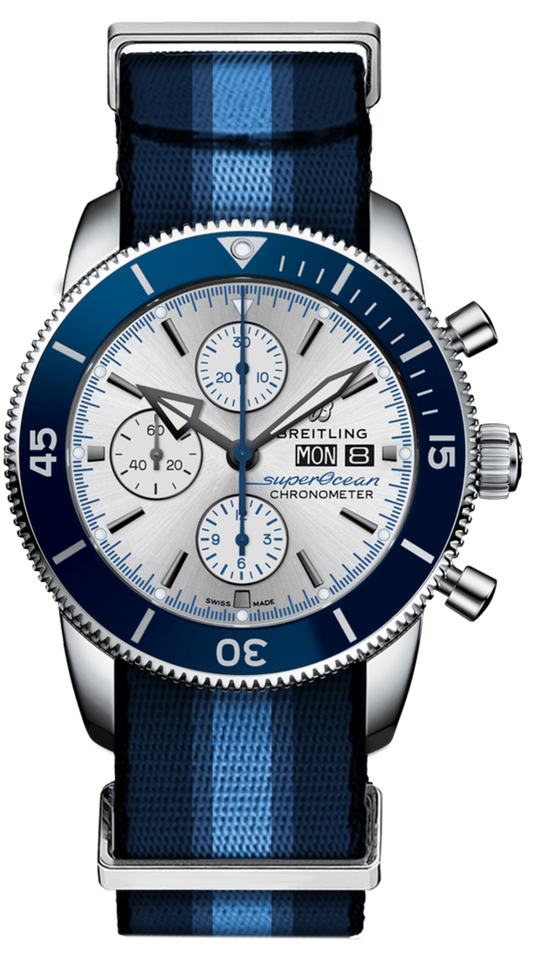Breitling Superocean Heritage Chronograph 44 Ocean Conservancy Silver Dial Two Tone NATO Strap Watch for Men - A133131A1G1W1
