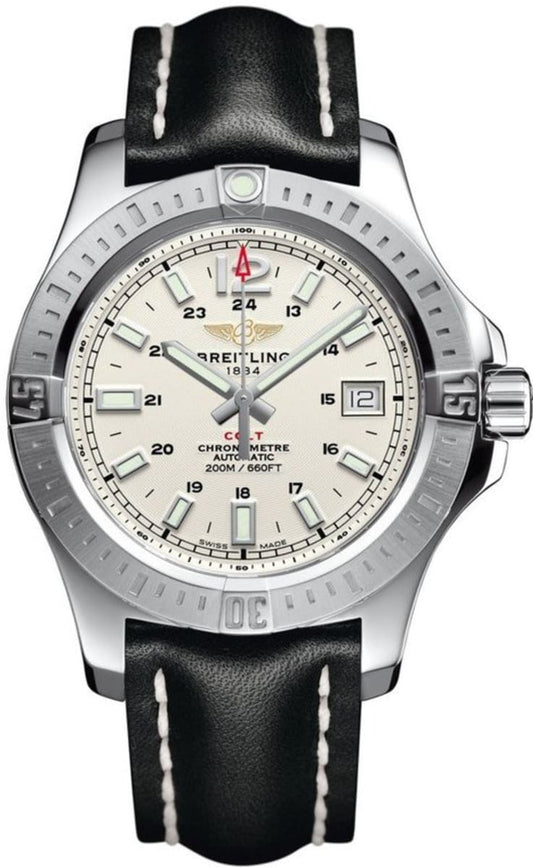 Breitling Colt 44mm Automatic White Dial Black Leather Strap Mens Watch - A1731311/G820/428X
