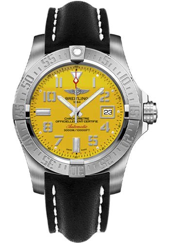 Breitling Avenger II Seawolf Yellow Dial Black Leather Strap Mens Watch - A1733110/I519/436X