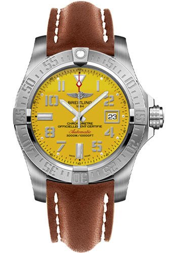Breitling Avenger 11 Seawolf Stainless Steel Cobra Yellow Dial Brown Leather Strap Mens Watch - A1733110/I519/434X