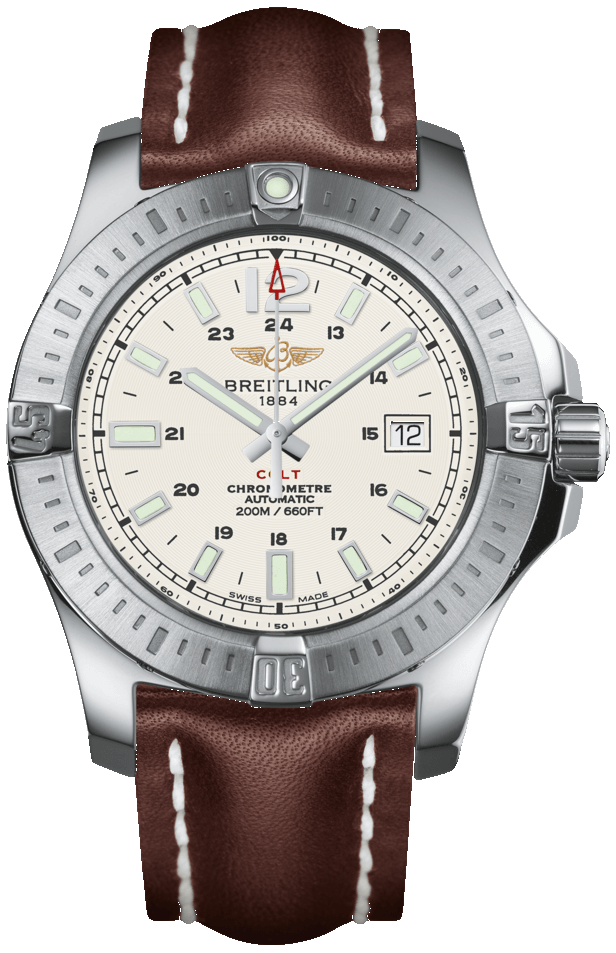 Breitling Colt Automatic 44mm White Dial Brown Leather Strap Mens Watch - A1738811/G791/437X