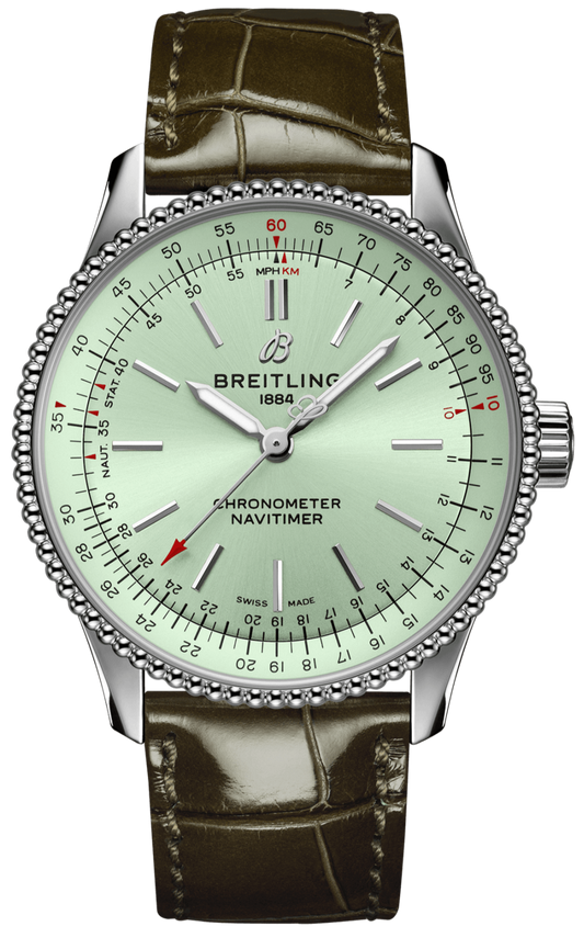 Breitling Navitimer Automatic 35 Green Dial Green Leather Strap Watch for Women - A17395361L1P1