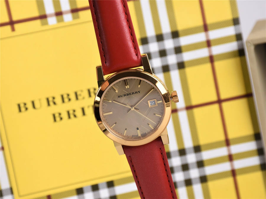 Burberry The City Gold Dial Red Leather Strap Watch for Women - BU9140