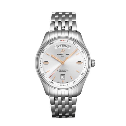 Breitling Premier Automatic Day & Date 40mm Silver Dial Silver Steel Strap Mens Watch - A45340211G1A1