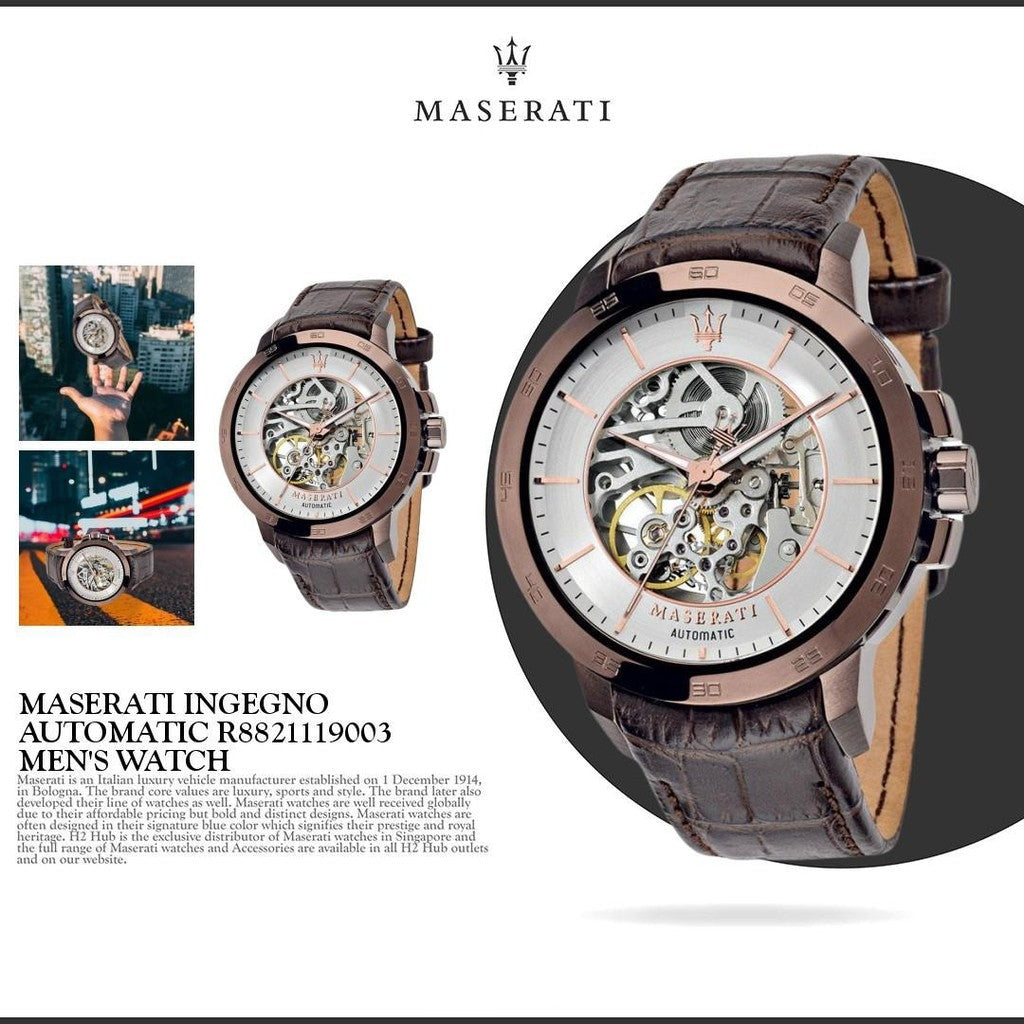 Maserati Ingegno Automatic White Skeleton Dial Brown Leather Strap Watch For Men - R8821119003