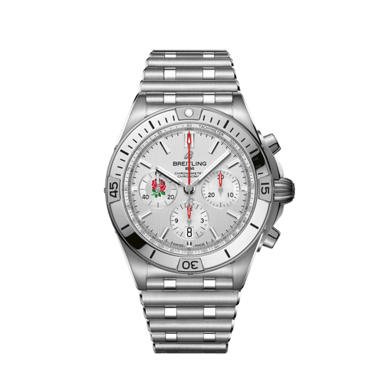 Breitling Chronomat B01 42 Six Nations England White Dial Silver Steel Strap Watch for Men - AB0134A71A1A1