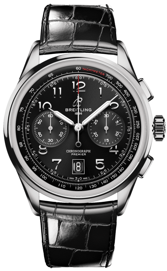 Breitling Premier B01 Chronograph 42 Black Dial Black Leather Strap Watch for Men - AB0145221B1P1