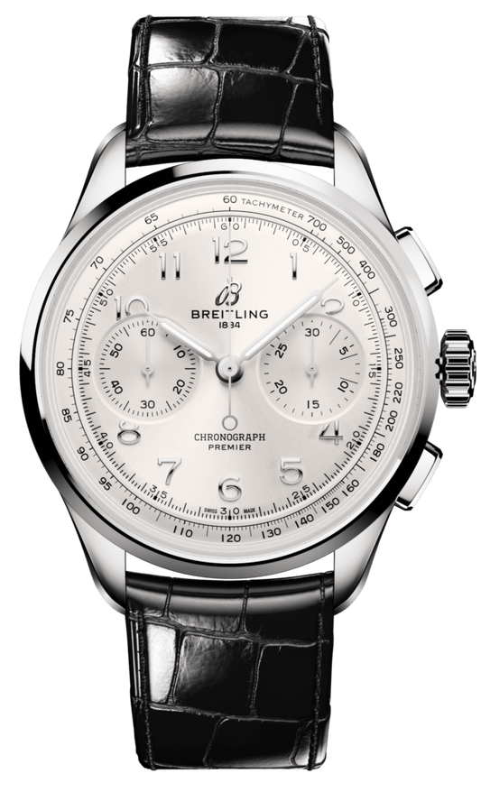 Breitling Premier B09 Chronograph 40 White Dial Black Leather Strap Watch for Men - AB0930371G1P1
