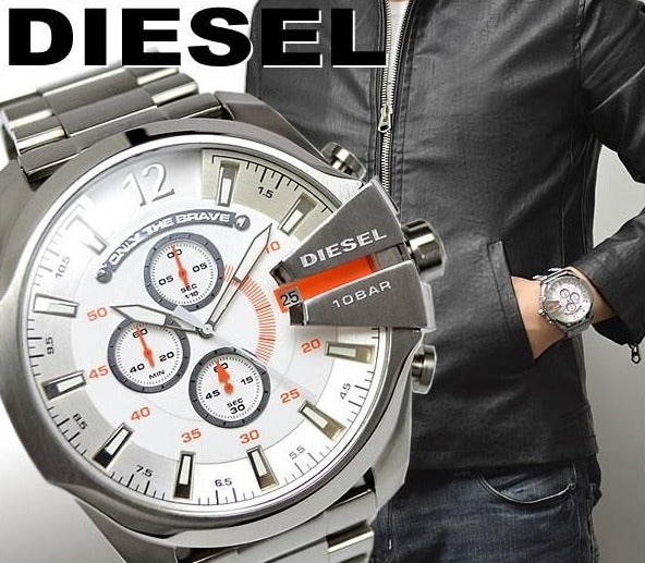 Diesel Mega Chief Quartz Chronograph White Dial Silver Steel Strap Watch For Men - DZ4328