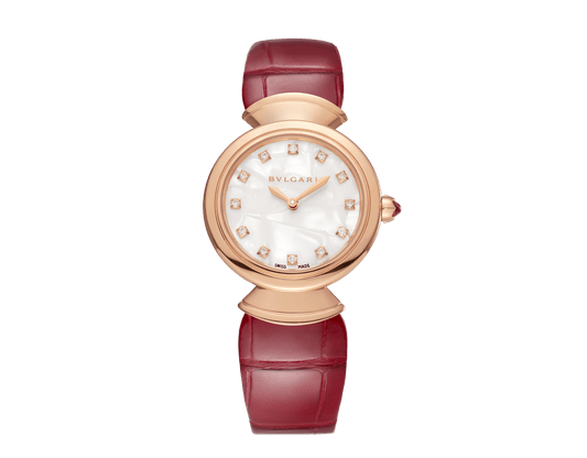 Bvlgari Divas Dream Diamonds Mother of Pearl Dial Red Leather Strap Watch for Women - DREAM102840