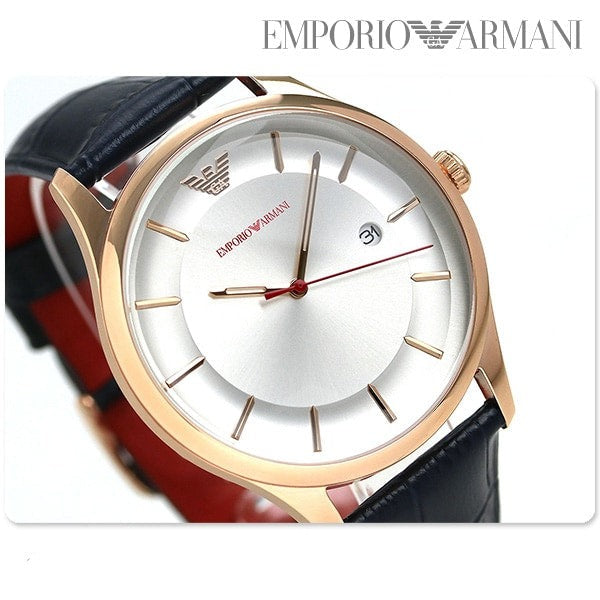 Emporio Armani Classic Silver Dial Blue Leather Strap Watch For Men - AR11131