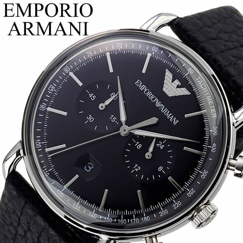 Emporio Armani Aviator Chronograph Black Dial Black Leather Strap Watch For Men - AR11143