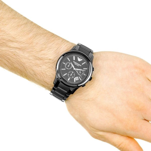 Emporio Armani Ceramica Chronograph Black Dial Black Steel Strap Watch For Men - AR1452
