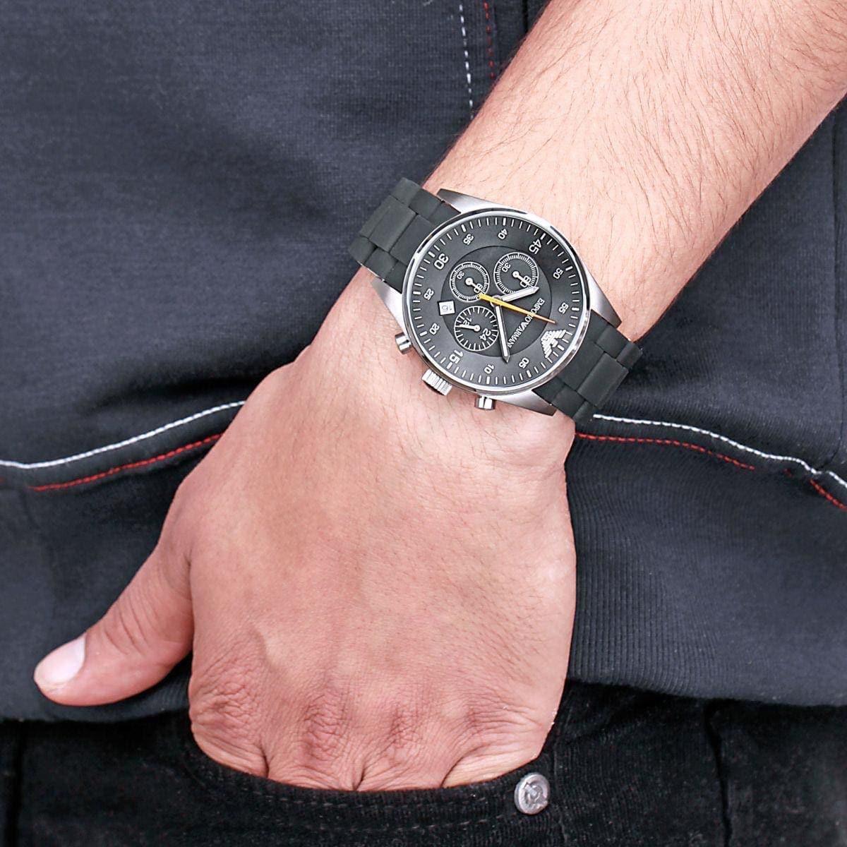 Emporio Armani Sportivo Chronograph Black Dial Black Steel Strap Watch For Men - AR5858