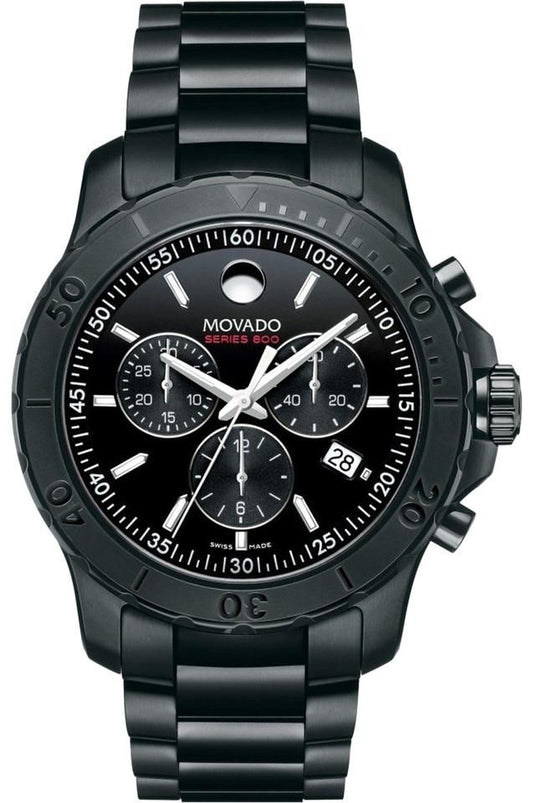 Movado Series 800 Chronograph Black Dial Black Steel Strap Watch For Men - 2600119