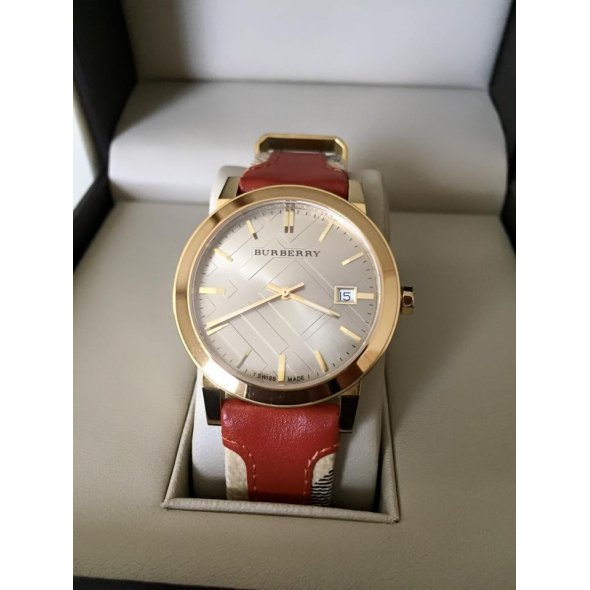 Burberry Heritage Nova Gold Dial Red Leather Strap Watch for Women - BU9111