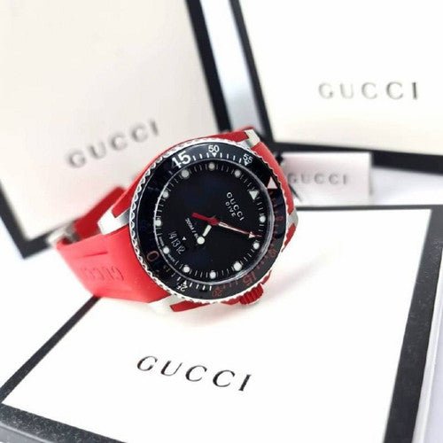 Gucci Dive Black Dial Red Rubber Strap Watch For Men - YA136309