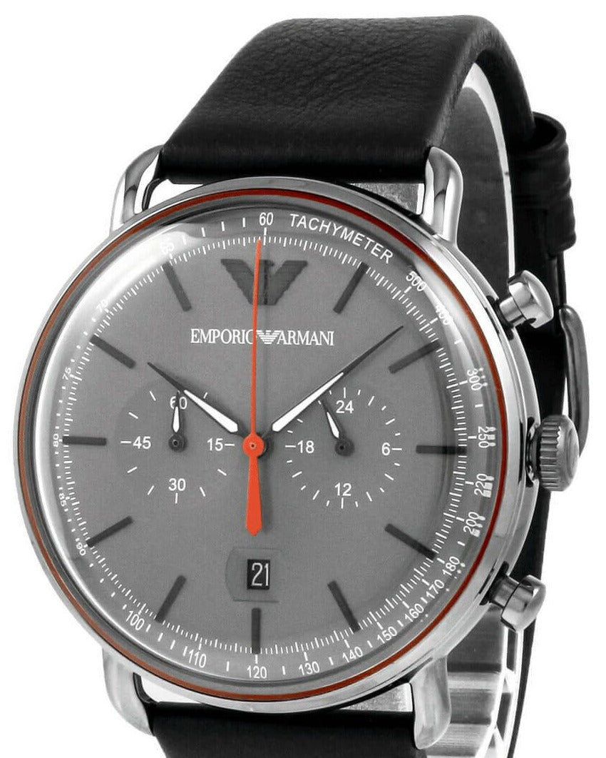 Emporio Armani Aviator Grey Dial Grey Leather Strap Watch For Men - AR11168