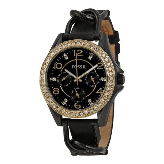 Fossil Riley Black Dial Black Leather Strap Watch for Women - ES3696