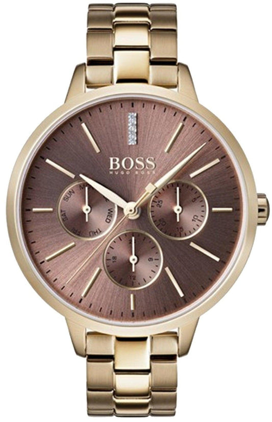 Hugo Boss Symphony Brown Dial Gold Steel Strap Watch for Women - 1502422