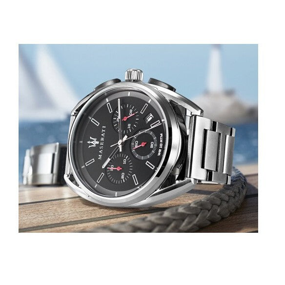 Maserati Trimarano Chronograph Black Dial Silver Stainless Steel Strap Watch For Men - R8873632003