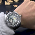 Emporio Armani Meccanico Automatic Silver Dial Black Leather Strap Watch For Men - AR4629