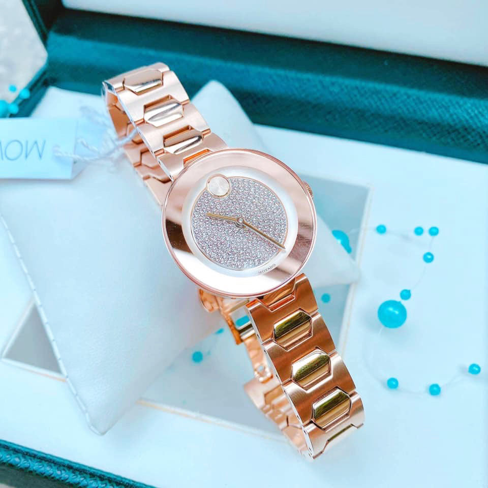 Movado Bold Crystal Pave Rose Gold Dial Rose Gold Steel Strap Watch For Women - 3600493