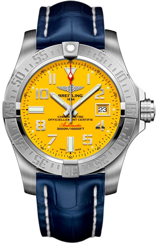 Breitling Avenger II Seawolf Yellow Dial Blue Leather Strap Mens Watch - A1733110/I519/112X