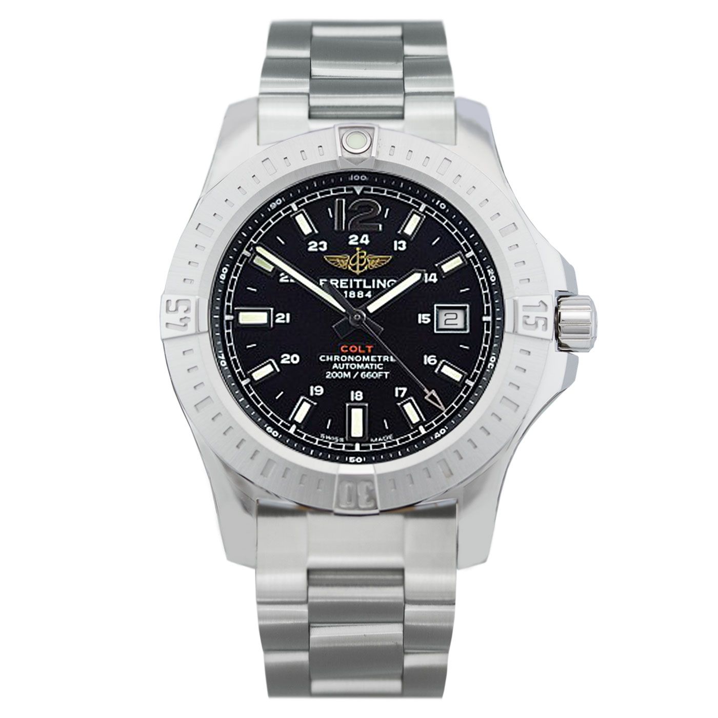Breitling Colt Automatic Black Dial Silver Steel Strap Mens Watch - A1738811/BD44/173A